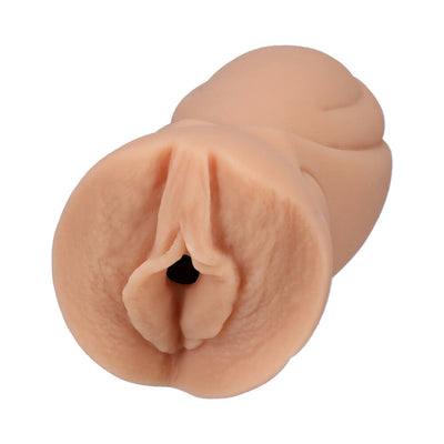 Handheld lifelike ULTRASKYN pocket sleeve in vanilla color with realistic texture and detailed design.