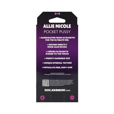 Packaging back of Allie Nicole Signature Strokers ULTRASKYN Pocket Pussy with product features and safety information.
