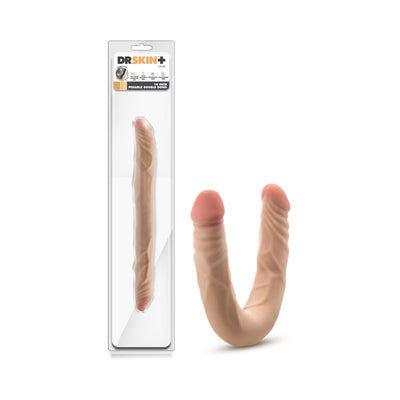 Beige 14-inch posable double-ended dildo with realistic texture and packaging shown side by side.