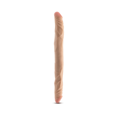 Beige 14-inch posable double-ended dildo with realistic texture and soft material on white background.