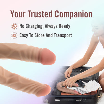 Beige posable double-ended dildo shown with text highlighting no charging needed and easy storage, next to a woman packing it in a suitcase.