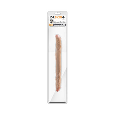 Beige 14-inch posable double-ended dildo in clear retail packaging with Dr. Skin Plus branding.