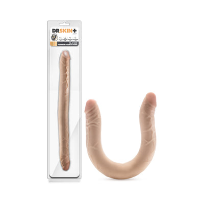 Beige 16.5-inch posable double-ended dildo with realistic texture shown in packaging and bent shape.