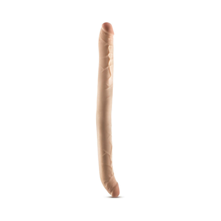 Beige 16.5-inch flexible double-ended dildo with realistic texture and veining on a white background.