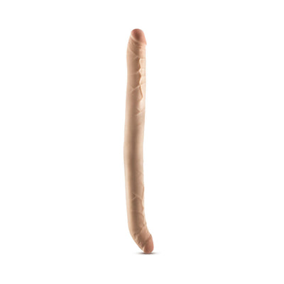 Beige 16.5-inch flexible double-ended dildo with realistic texture and veining on a white background.
