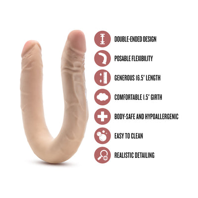Beige double-ended posable dildo with realistic texture and product features listed beside it on a white background.