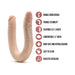 Beige double-ended posable dildo with realistic texture and product features listed beside it on a white background.