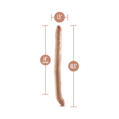 Beige 16.5-inch posable double-ended dildo with 1.5-inch diameter and 14-inch insertable length shown with measurements.