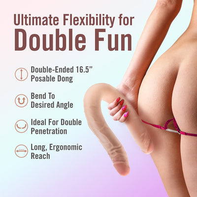 Beige 16.5-inch posable double-ended dildo held by a person, highlighting flexibility and ergonomic design for double penetration.