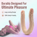 Beige posable double-ended dildo with realistic texture shown alongside text highlighting durable, body-friendly design.