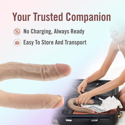Beige posable double-ended dildo shown with packing and text highlighting no charging needed and easy transport.