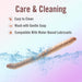 Beige posable double-ended dildo with water splashes, highlighting easy cleaning and care instructions.