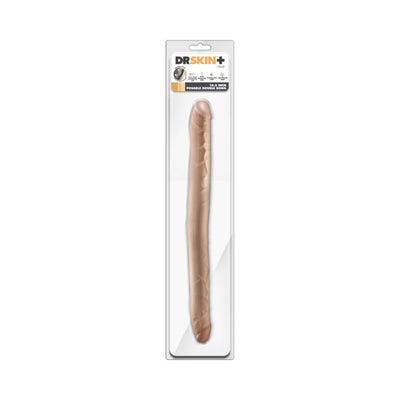 Dr. Skin Plus 16.5-inch posable double-ended beige dildo in clear retail packaging.
