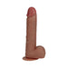 Realistic tan vibrating and thrusting dildo with textured veins and attached balls on suction base.