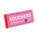 Pink and red booklet titled Vouchers For Lovers with 20 redeemable vouchers inside for thoughtful romantic gestures.