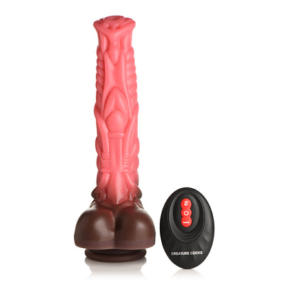 Pink and brown textured silicone dildo with remote control for thrusting and vibrating functions.