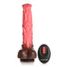 Pink and brown textured silicone dildo with remote control for thrusting and vibrating functions.
