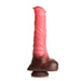Pink and brown silicone dildo with centaur-inspired design and textured shaft on white background
