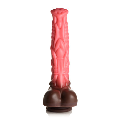Pink and brown silicone dildo with centaur-inspired design and textured shaft on a white background.