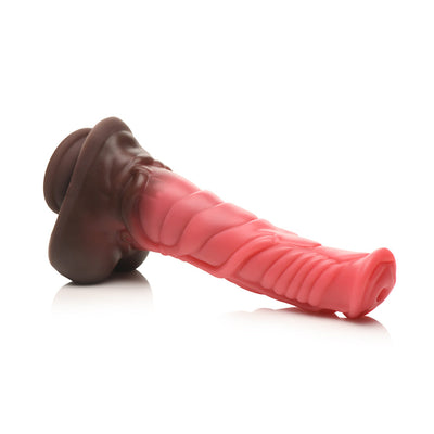 Silicone centaur-themed dildo with textured shaft and dark base, designed for thrusting and vibrating with remote control.