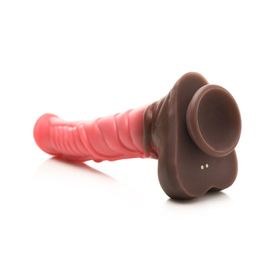 Silicone thrusting and vibrating dildo in pink and brown with a remote control base on a white background.