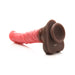 Silicone thrusting and vibrating dildo in pink and brown with a remote control base on a white background.