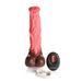 Pink and brown centaur-themed silicone dildo with remote control and USB charging cable on white background