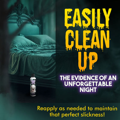 Bedroom scene with a bottle of Creature Slim Cum Unscented Jizz Lubricant and text highlighting easy clean-up and reapplication benefits.
