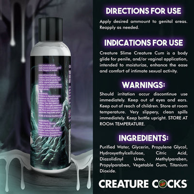 Bottle of Creature Slim Creature Cum Unscented Jizz Lubricant with usage directions, warnings, and ingredients on label.