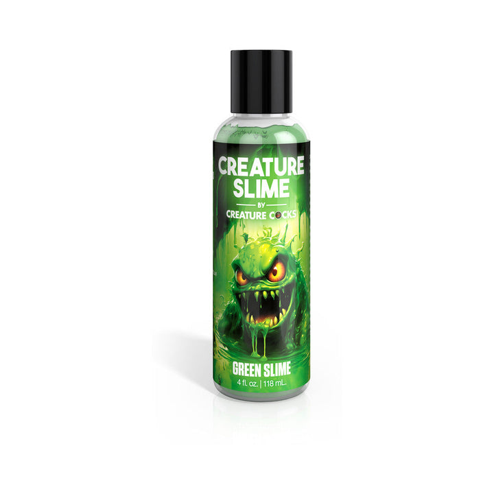 Bottle of Creature Slime green water-based lubricant with monster-themed label and black cap, 4 oz size.
