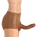 Side view of dark brown stretchy silicone briefs with attached realistic poseable dildo on mannequin.