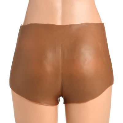 Back view of dark brown silicone boner briefs on a mannequin, designed for a snug fit and dual stimulation.