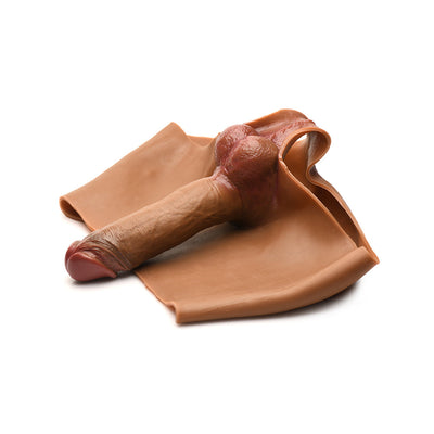 Dark silicone boner briefs with realistic poseable dildo and integrated scrotum detail, laid flat on white background.