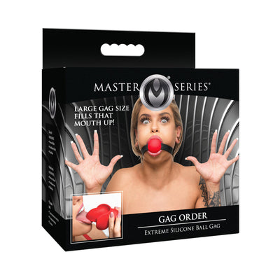 Packaging of Master Series Extreme Silicone Gag with Locking Strap featuring a model wearing the red ball gag and product close-up.