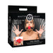 Packaging of Master Series Extreme Silicone Gag with Locking Strap featuring a model wearing the red ball gag and product close-up.