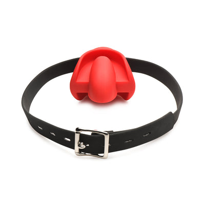 Red silicone extreme gag with black adjustable locking strap and silver buckle on white background.