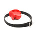 Red silicone extreme gag with mouthguard design and adjustable black vegan leather strap with silver buckle on white background.