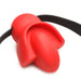 Red silicone extreme gag with mouthguard design and adjustable black locking strap on white background.