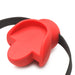 Red silicone mouthguard gag with black adjustable locking strap on white background.
