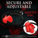Red silicone mouth gag with black adjustable strap and nickel-free buckle, shown with size measurements on dark background.