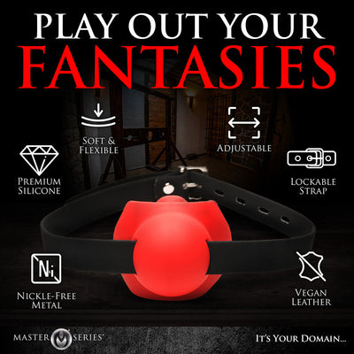 Red silicone gag with black adjustable vegan leather strap, highlighting soft, flexible, nickel-free metal and lockable features.