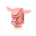 Pink neoprene hood designed with pig ears and snout details on a mannequin head.