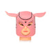 Pink neoprene hood with pig ear details and cutouts for eyes and mouth displayed on a mannequin head.
