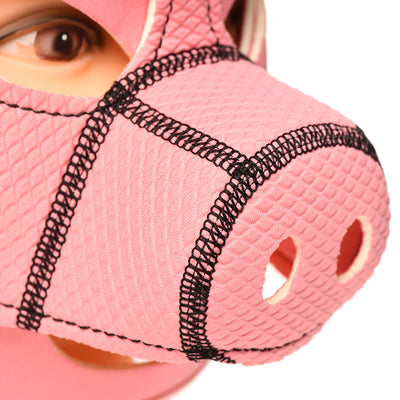 Close-up of pink neoprene hood designed to resemble a pig's snout with black stitching details.