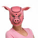 Person wearing a pink neoprene pig hood with ears and snout details, styled for costume or role play.