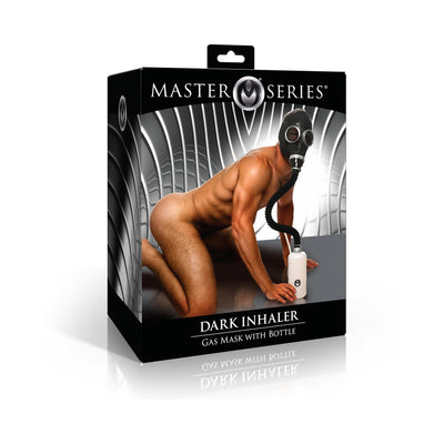 Packaging of Master Series Dark Inhaler gas mask with bottle featuring a muscular person wearing the black rubber mask connected to a white scent bottle.