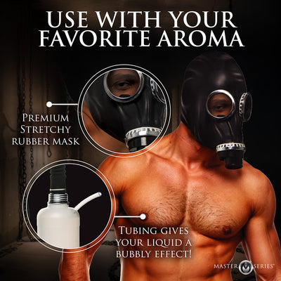 Man wearing a black premium stretchy rubber gas mask with clear eye-holes and connected tubing for aroma bottle use.