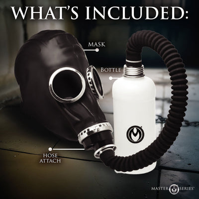 Master Series black rubber gas mask with clear eye-holes, attached hose, and white aroma bottle with logo on dark background.