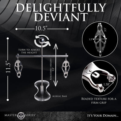 Adjustable Master Series Tower of Pain nipple clamps with acrylic base and beaded texture for firm grip, shown with dimensions.