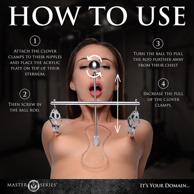 Woman demonstrating how to use Master Series Tower of Pain nipple clamps with adjustable clover clamps and acrylic plate.